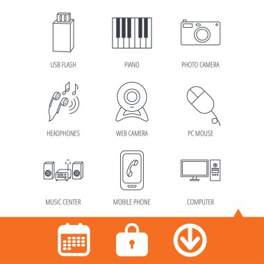 Simgeler smartphone, örümcek ağı fotoğraf makinesi ve Usb flash.