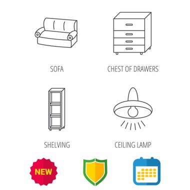 Kanepe, tavan lambası ve raf simgeler.