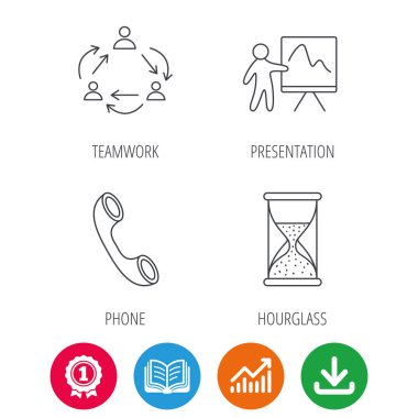 Ekip çalışması, sunum ve telefon simgeleri.