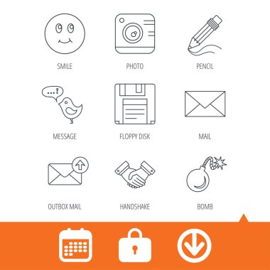 Fotoğraf kamera, kalem ve el sıkışma simgeleri.