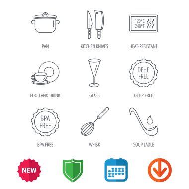 Mutfak bıçakları, cam ve pan simgeleri.