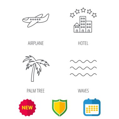 Uçak, dalgalar ve palmiye ağacı simgeleri.