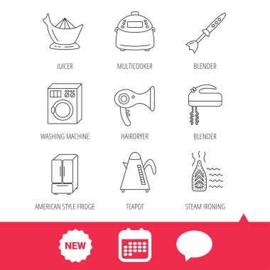 Çamaşır makinesi, çaydanlık ve blender simgeleri.