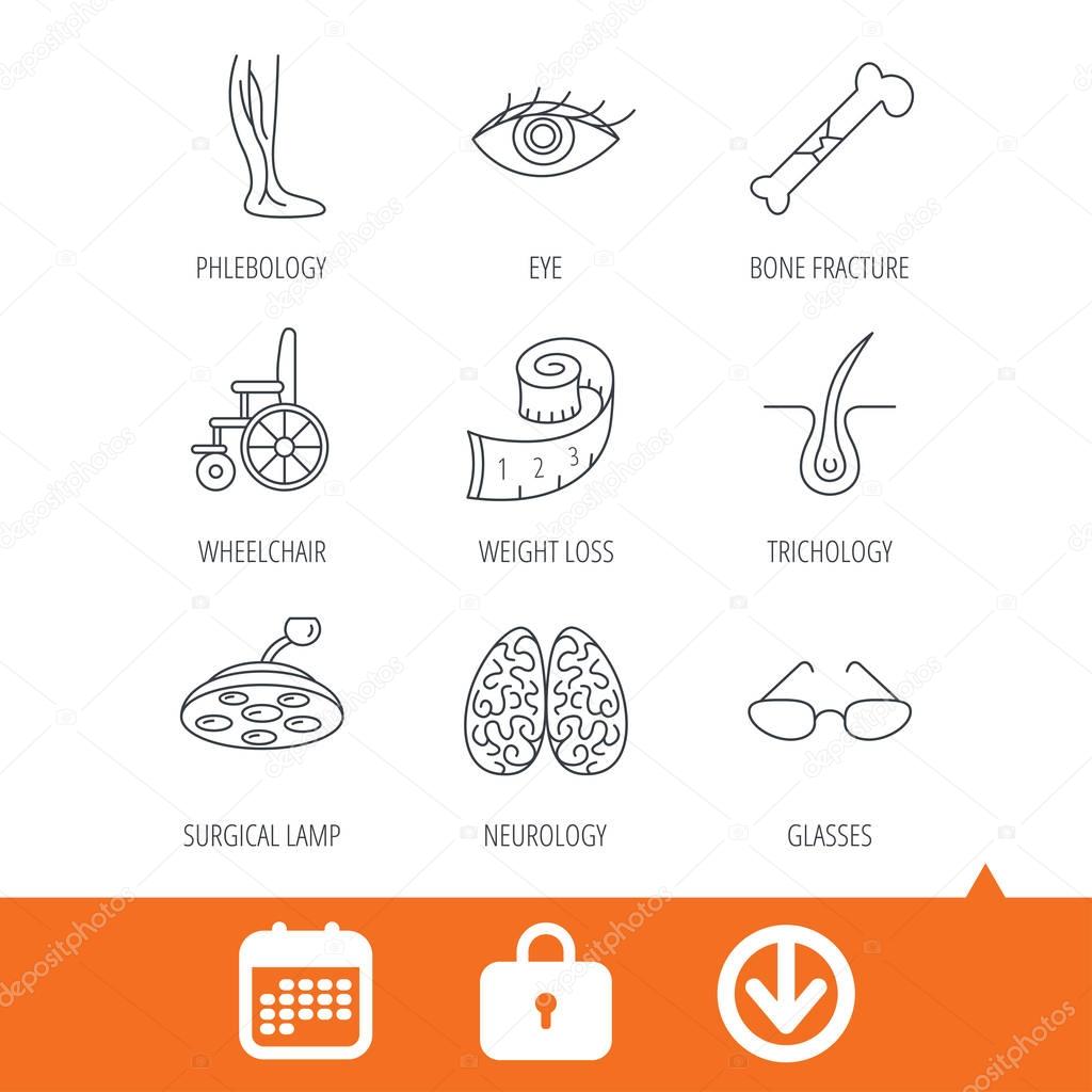 Vein varicose, neurology and trichology icons. Surgical lamp, glasses and eye linear signs. Bone fracture, wheelchair and weight loss icons. Download arrow, locker and calendar web icons. Vector