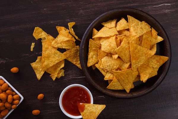 Nachos chips. Tortilla snack. Mexican salsa nuts. — Stock Photo, Image