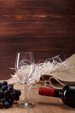 Şarap şişesi. Kadehinin karanlık üzüm şubesi ile.