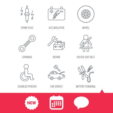 Akümülatör, spanner aracı ve araba servisi simgeleri.
