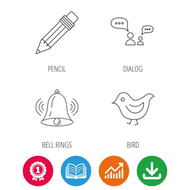 Diyalog, kalem ve kuş simgeler.