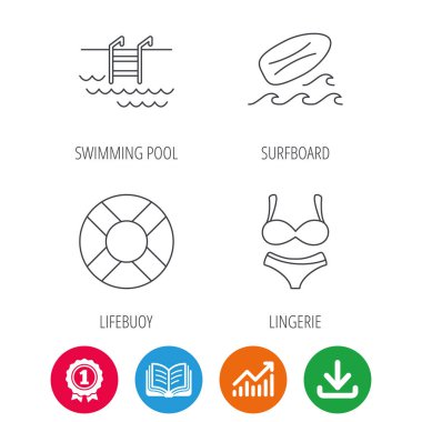 Sörf tahtası, Yüzme Havuzu ve bikini simgeler.
