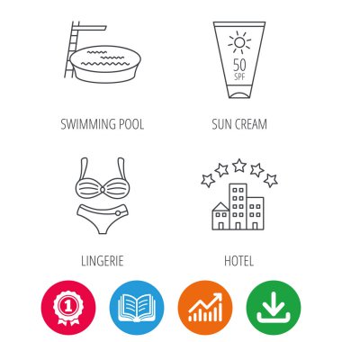 Otel, Yüzme Havuzu ve güneş kremi simgeler.