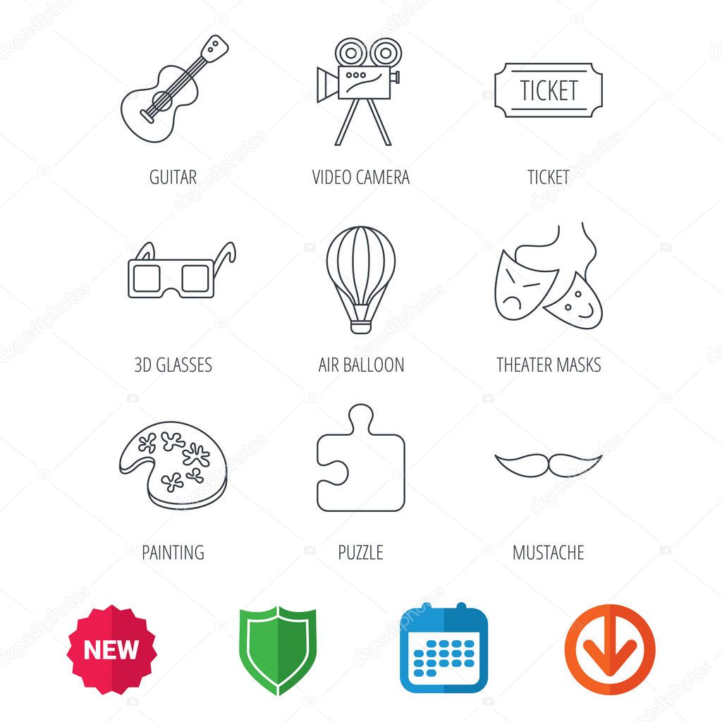 Puzzle, guitar music and theater masks icons. Ticket, video camera and 3d glasses linear signs. Entertainment, painting and mustache icons. New tag, shield and calendar web icons. Download arrow