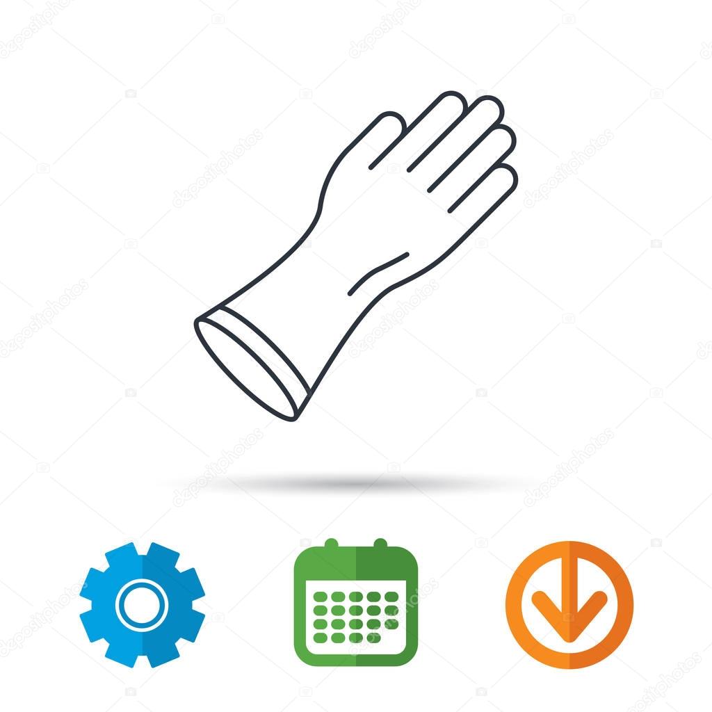 Rubber gloves icon. Latex hand protection sign. Housework cleaning equipment symbol. Calendar, cogwheel and download arrow signs. Colored flat web icons. Vector