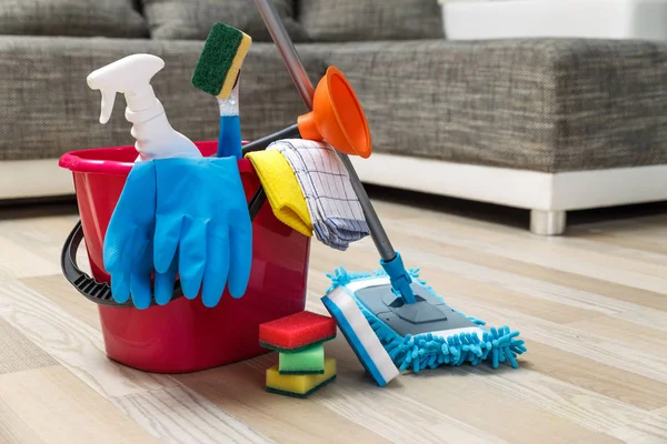 Cleaning service. Sponges, chemicals and mop. — Stock Photo, Image