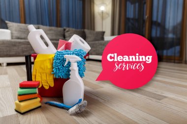 Cleaning service. Sponges, chemicals and plunger. clipart