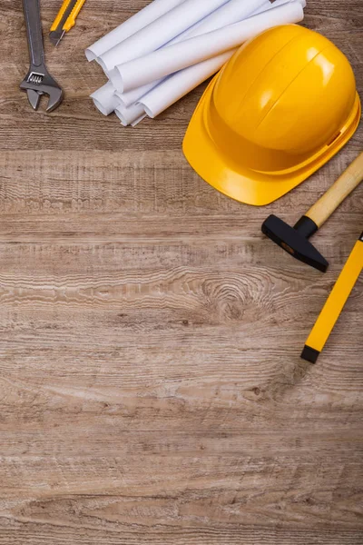 stock image Adjustable wrench, hammer and building level.