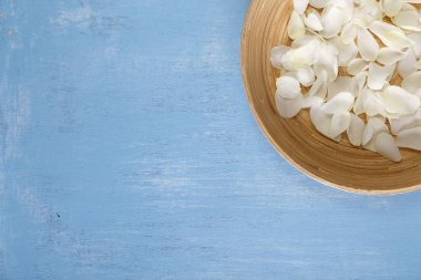 Mavi ahşap arka plan üzerinde beyaz gül yaprakları.