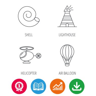 Deniz feneri, hava balon ve helikopter simgeleri.