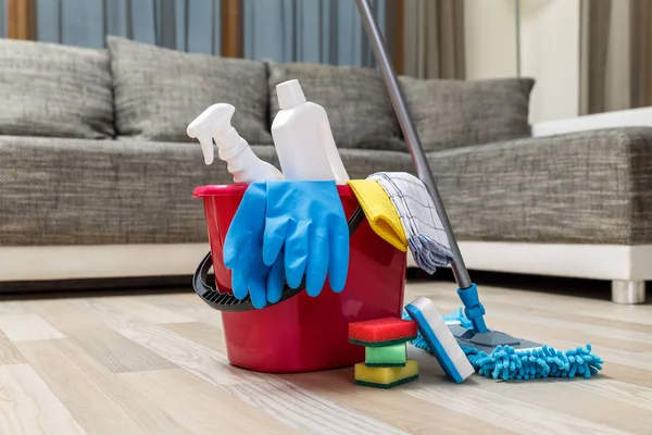 Cleaning service. Sponges, chemicals and mop. — Stock Photo, Image