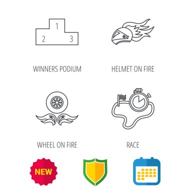 Kazanan podyum, yarış zamanlayıcı ve tekerlek üzerinde ateş.