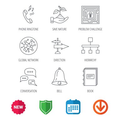 Konuşma, küresel ağ ve yön simgesi.