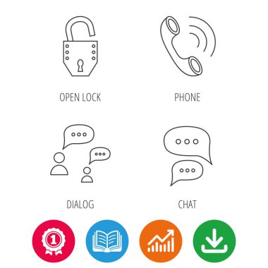 Telefon, sohbet konuşma balonları ve kilit simgeleri.