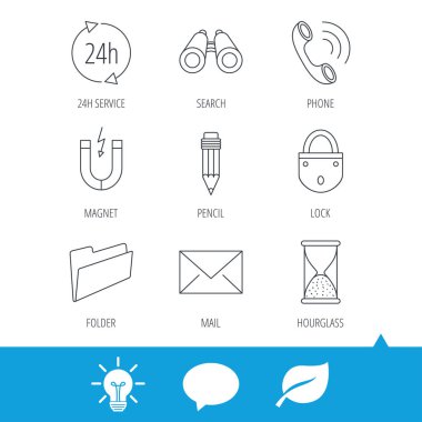 Telefon görüşmesi, kalem ve posta simgeleri.