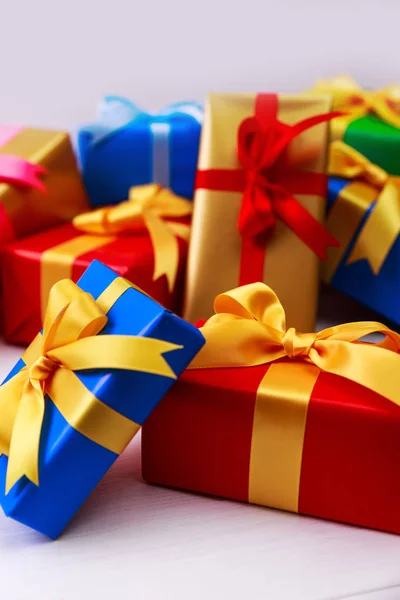 Gift boxes with bow and ribbon. Present packages. Stock Image
