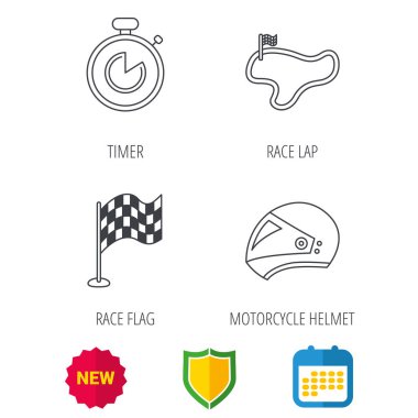 Yarış bayrak, zamanlayıcı ve motosiklet kask simgeleri.