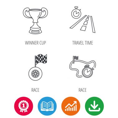 Kazanan cup, yarış zamanlayıcı ve bayrağı simgeleri.