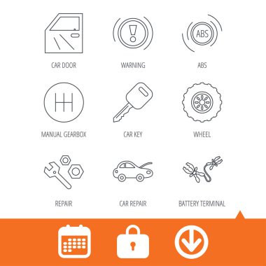 Araba anahtarı, onarım araçları ve manuel şanzıman simgeler.