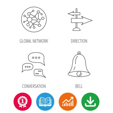 Konuşma, küresel ağ ve yön simgesi.