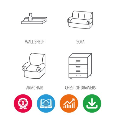 Kanepe, koltuk simgeler ve duvar raf.