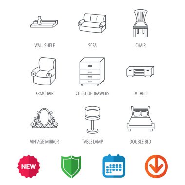 Çift Kişilik Yatak, Masa lambası ve koltuk simgeler.