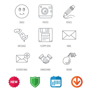 Fotoğraf kamera, kalem ve el sıkışma simgeleri.