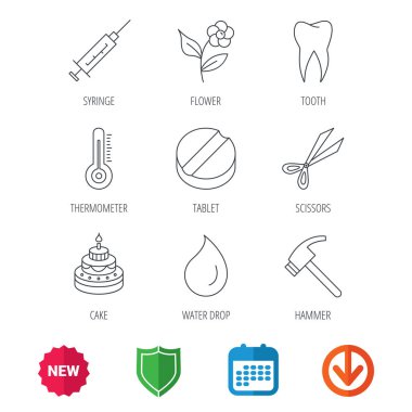 Diş, şırınga ve tablet simgeler. Çiçek, damla.