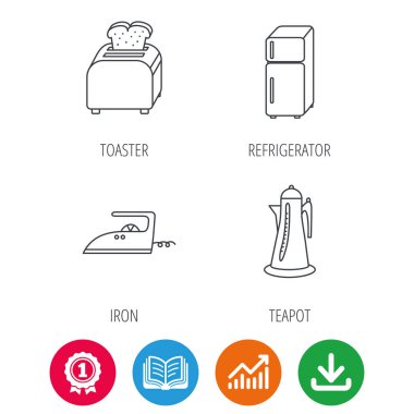 Ekmek kızartma makinesi, buzdolabı ve demir simgeleri.