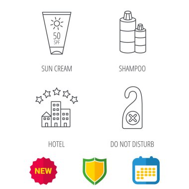 Simgeler otel, şampuan ve güneş kremi.