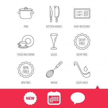 Mutfak bıçakları, cam ve pan simgeleri.