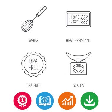 Mutfak ölçekler, çırpma teli ve ısıya dayanıklı simgeler.
