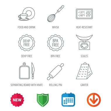 Mutfak ölçekler, çırpma teli ve rende simgeler.