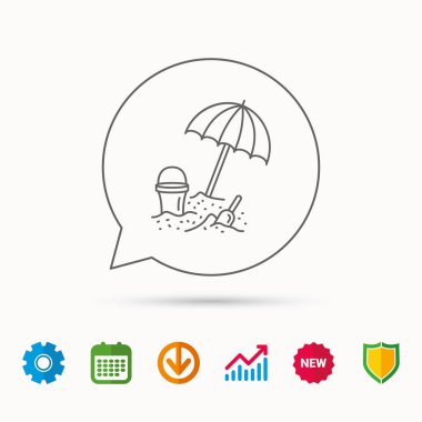 Plaj şemsiyesi kum simgesi. Kürekle kova.