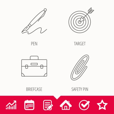 Evrak çantası, çengelli iğne ve hedef simgeler.