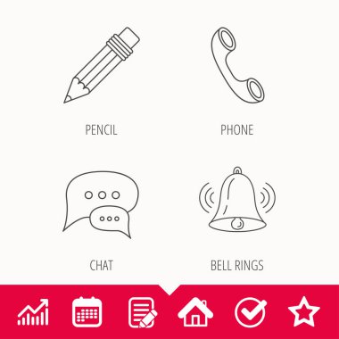 Sohbet konuşma balonları, çan ve kalem simgeleri.