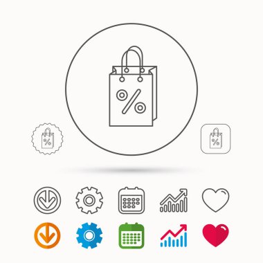 Alışveriş çantası simgesi. İndirimler ve satış işareti.