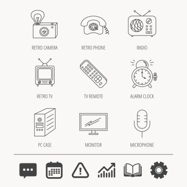 Retro kamera, radyo ve telefon simgeleri.