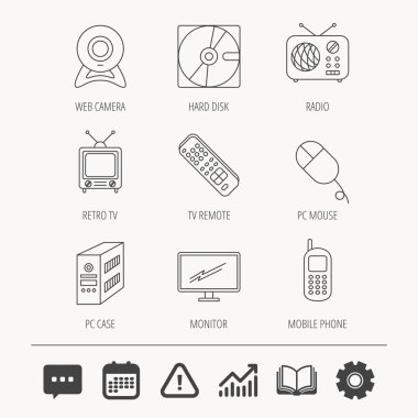 Örümcek ağı fotoğraf makinesi, radyo ve hareket eden telefon simgeleri.