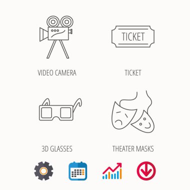 Bilet, video kamera ve Tiyatro maskeleri simgeler.