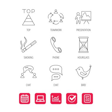 Ekip çalışması, sunum ve telefon simgeleri.