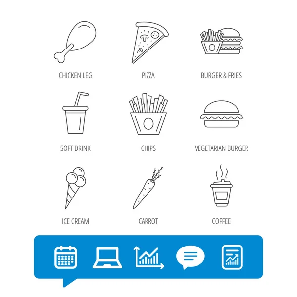 Hambúrguer vegetariano, pizza e ícones de refrigerantes . — Vetor de Stock