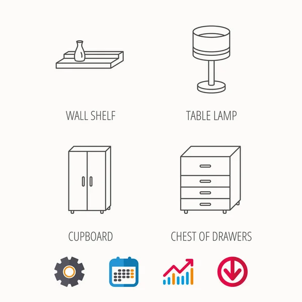 Stolní lampa, skříň a Nástěnné police ikony. — Stockový vektor
